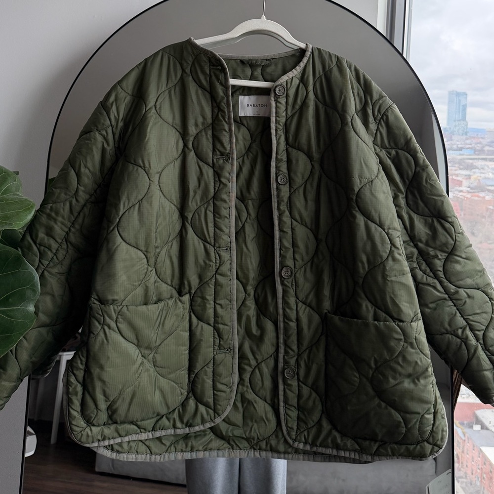 Babaton Aritzia Olive Green Quilted Jacket with Cream Trim